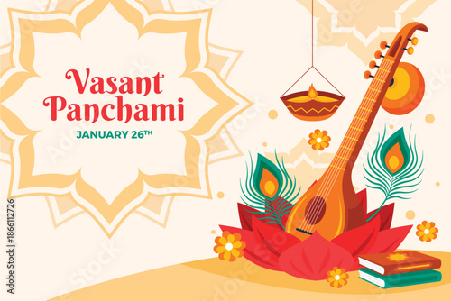Vasant panchami poster with veena instrument and spring blooms vector