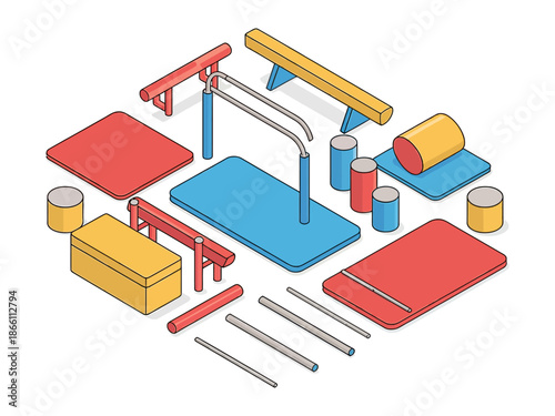 A colorful assortment of gymnastics equipment laid out on a white background
