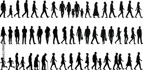 People walking silhouette collection showing men women children families in different poses isolated on white background illustration design set