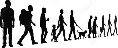 People life stages walking silhouette from child to elderly isolated on white background, human growth lifestyle illustration concept design