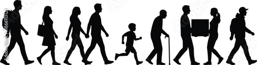 People walking silhouette showing men women child elderly and workers isolated on white background, modern daily life lifestyle illustration