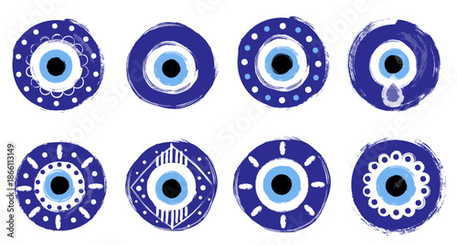 Hand painted vector doodle evil eye set, Greek or Turkish talisman charm, protection symbol illustration
