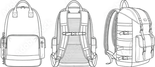 Modern backpack technical line drawing showing front back and side views detailed vector illustration for travel school outdoor gear design