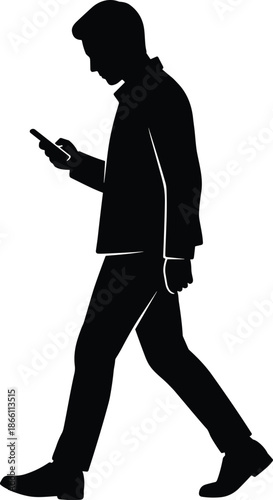 Silhouette of young man walking while using smartphone isolated on white background, modern technology lifestyle communication concept illustration