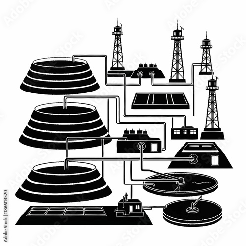 Oil refinery and storage tanks with interconnected pipelines and processing units.