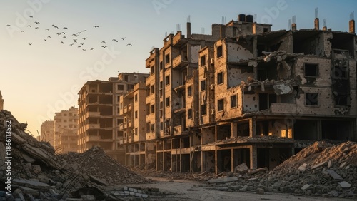 Heavily damaged residential building facade in war torn city