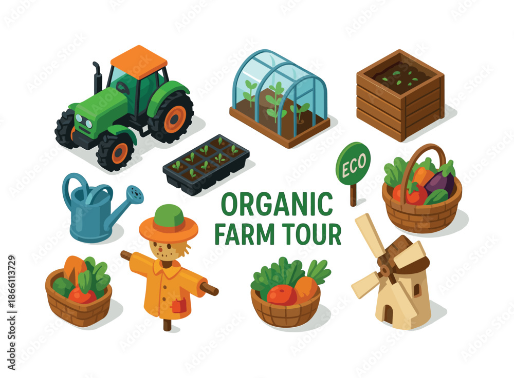 Fototapeta premium Organic farming isometric icon set. featuring tractor, greenhouse, vegetable bed, watering can, basket, scarecrow, windmill