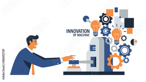 Man operating machine with gears and lightbulbs symbolizing innovation.