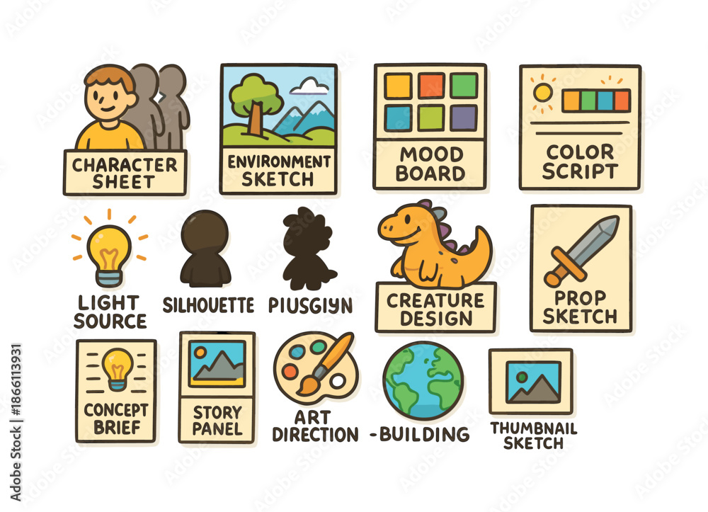 Fototapeta premium Art process flat icon set. featuring character sheet, environment sketch, mood board, light source, and prop sketch