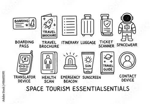 Space tourism essentials linear icon set. featuring boarding pass, travel brochure, itinerary, luggage, and more