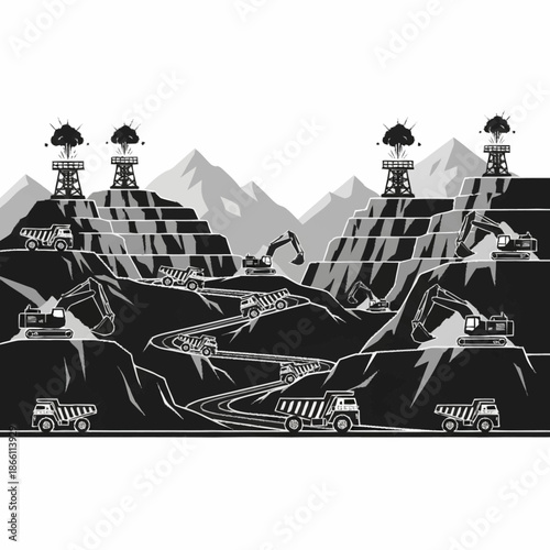 Open pit mining operation with heavy machinery and trucks.