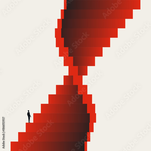 Career Transformation and Professional Growth Concept with Businessman Climbing a Red Spiraling Staircase Path. Minimalist Vector Illustration