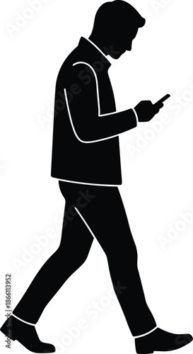 Young man silhouette walking while checking smartphone isolated on white background, modern mobile technology lifestyle communication concept illustration