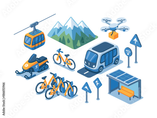 Transport and technology isometric icon set. featuring cable car, mountains, drone, snowmobile, bikes, autonomous van