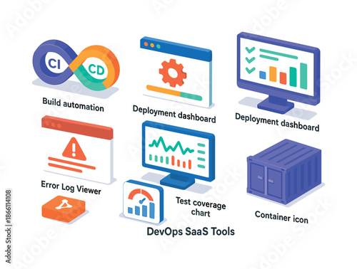 Devops saas tools flat icon set. featuring build automation, deployment dashboard, error log viewer, test coverage, container