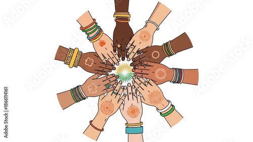 Diverse hands with henna tattoos and colorful bracelets stacked together in a circle forming a united gesture of friendship and solidarity with a glowing green light