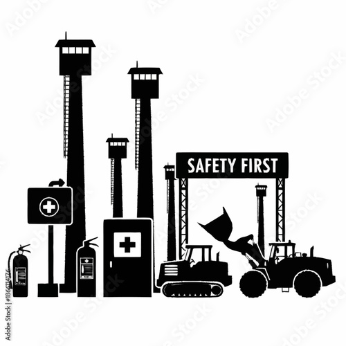 Safety First construction site with heavy machinery and emergency equipment.
