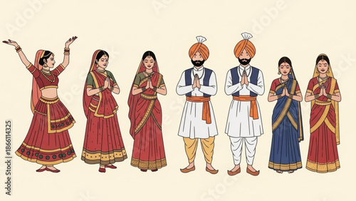 Indian people in traditional clothing, men and women in ethnic wear, cultural festival illustration, people in saree and kurta, traditional indian attire, festive