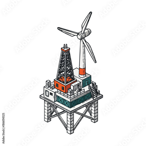 Offshore platform combines oil rig and wind turbine for sustainable energy production, symbolizing industrial innovation.
