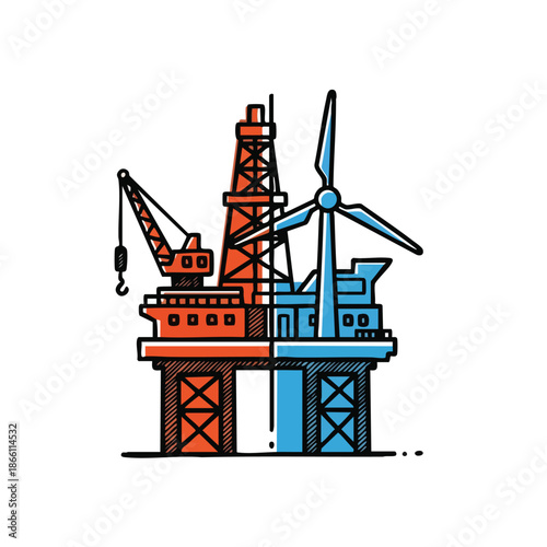 Offshore platform combines oil drilling rig with wind turbine for dual energy generation concept.