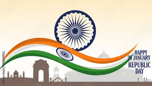 Indian republic day celebration with tricolor flag and ashoka chakra, gateway of india and other monuments in background, happy 26 january republic day