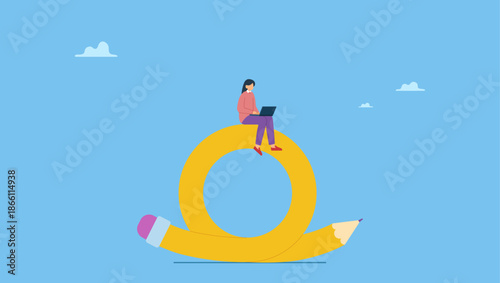 A woman enjoy working with laptop on flex bent pencil. Flexible work, remote work anywhere anytime, employee choice to choose time and location for productivity and creativity.