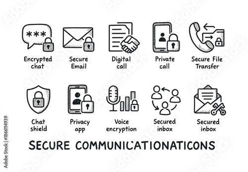 Secure communications linear icon set. featuring encrypted chat, secure email, digital call, privacy app, voice encryption