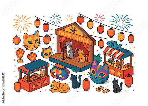 Feline festival flat icon set. featuring stage, cat masks, lanterns, fireworks, booths, and paw prints