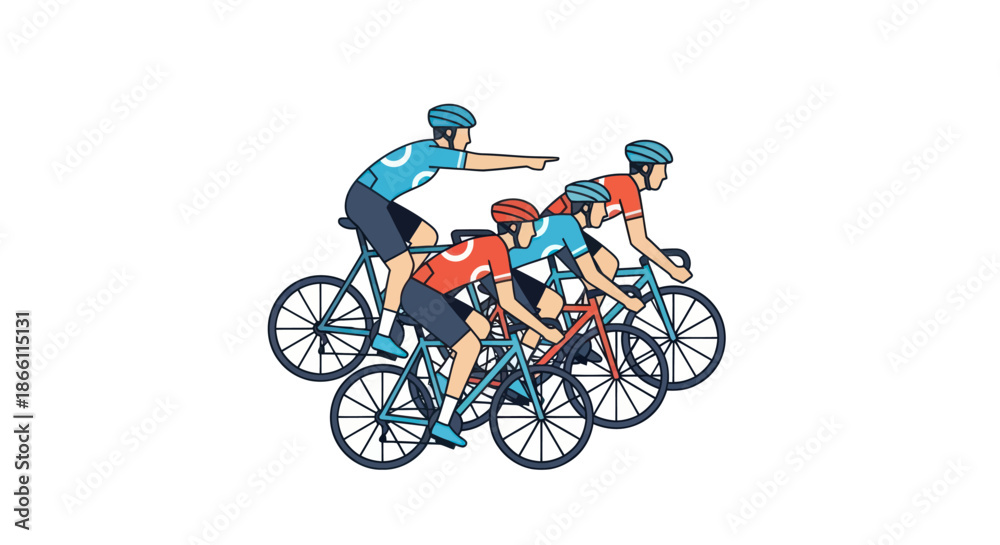 Obraz premium Illustration of a team of three road cyclists in a race with the leader pointing ahead.