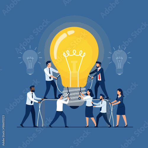 Diverse team collaborates on a giant glowing lightbulb idea.