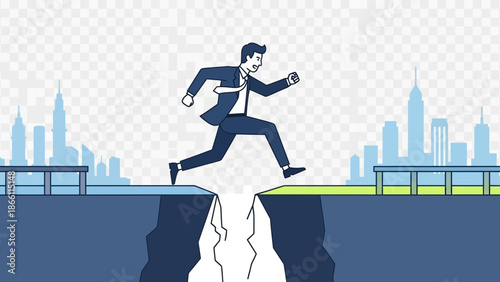 Businessman jumps over a gap in a city setting.