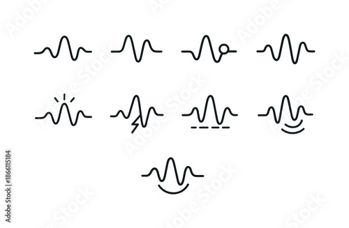 Audio signal linear icon set. featuring wave, sound, frequency, equalizer, volume, music, audio, vibration, pulse, tone
