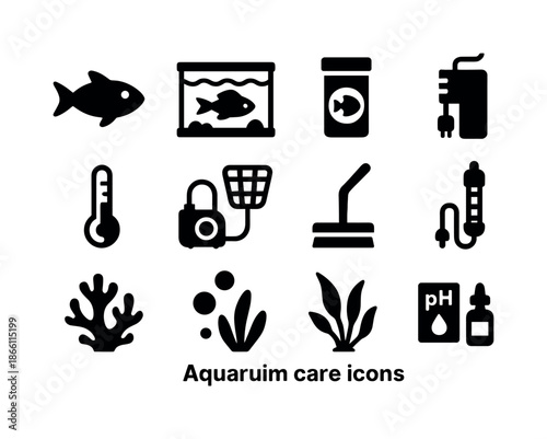 Aquarium care silhouette icon set. featuring fish, tank, food, heater, filter, pump, net, vacuum symbols