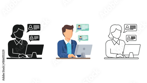 Customer service agent working at a computer with chat icons in three styles