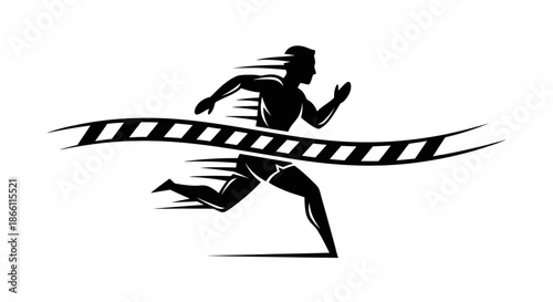 Silhouette of a runner crossing the finish line with motion blur.