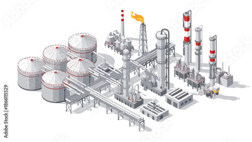 An isometric vector illustration of an industrial oil and gas refinery complex, showcasing storage tanks and processing equipment