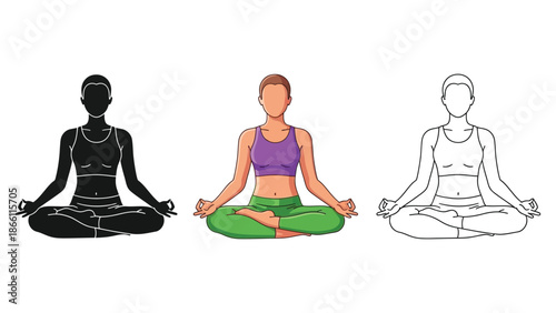 Woman meditating in lotus pose shown in silhouette, color, and outline