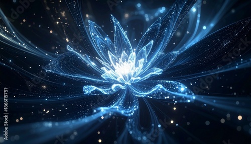 Wallpaper Mural Mesmerizing Digital Lotus Flower Illuminated with Radiant Blue Light and Sparkling Particles, Symbolizing Spiritual Growth and Serenity in an Abstract Cosmic Realm Torontodigital.ca