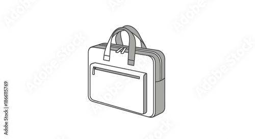 A simple black and white line art illustration of a modern business briefcase or laptop bag with handles and a front zipper pocket.