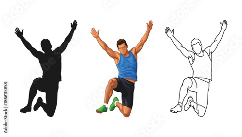 Athlete jumping in midair shown in silhouette, color, and line art