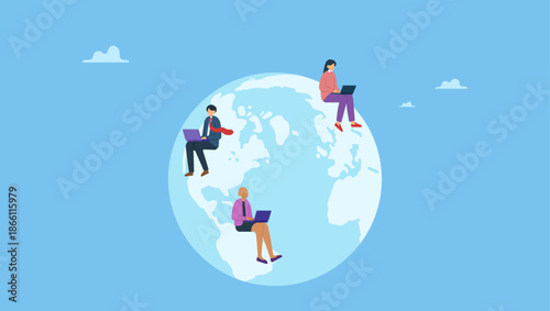 Business people sitting around world map on globe working with online laptop. Work from anywhere around the world, remote working or freelance, international company or global business.