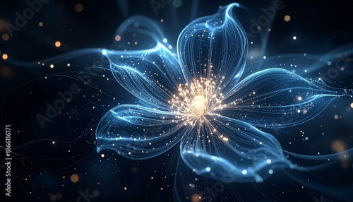 Abstract glowing ethereal flower with shimmering particles and bokeh lights on a dark background