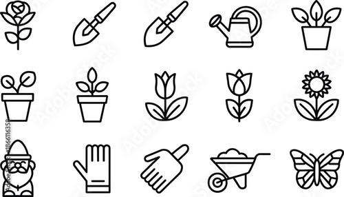 Gardening line icons set featuring plants tools flowers gnome butterfly minimal outline vector collection for home garden design branding ui