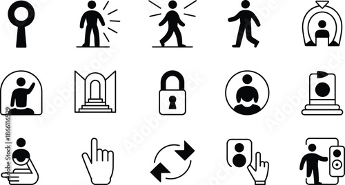 Human action and interaction icon set featuring people movement gestures security and interface symbols vector collection for ui ux design