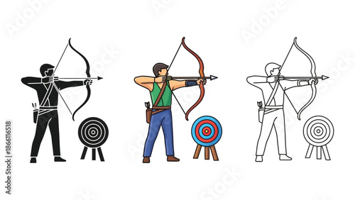 Archer aiming a bow at a target in silhouette, color, and outline