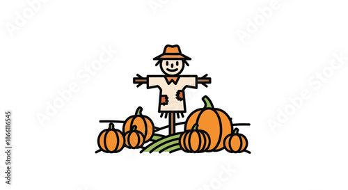 Cute cartoon scarecrow with orange pumpkins autumn harvest illustration.