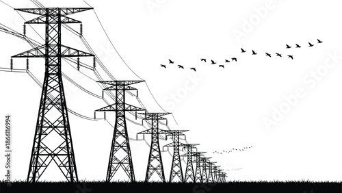 High voltage electricity transmission towers extending across landscape with flying birds black and white energy infrastructure silhouette vector illustration