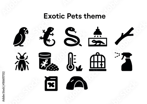 Exotic pets silhouette icon set. featuring parrot, lizard, snake, terrarium, branch, insect, and more