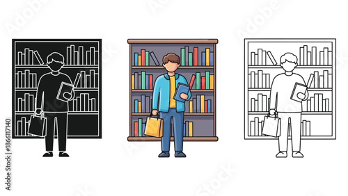 Student holding books in front of a bookshelf in three styles
