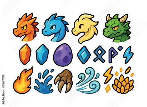 Fantasy elements flat icon set. featuring fire, water, dragon, crystal, egg, claw, wind, lightning, and magic symbols